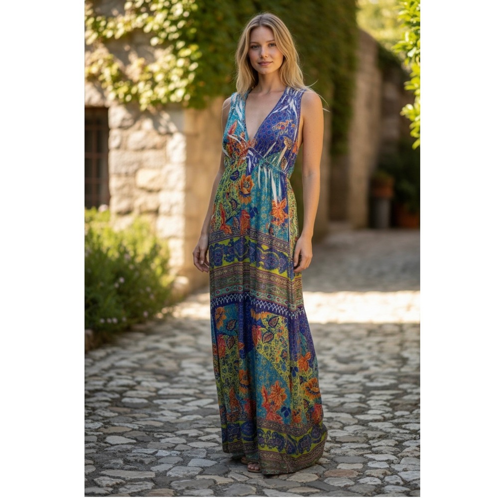 Boston Proper Womens Boho Maxi Dress Vibrant Floral Print‎ V Neck Sleeveless